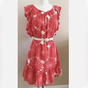 NWOT J Crew Red Sunburst Print Flutter Sleeve Shift Dress (belt not included)